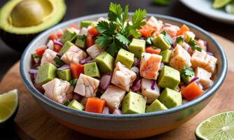 A bowl of avocado, shrimp, and tomatoes photo
