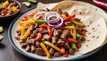 Mexican beef with peppers and onions photo