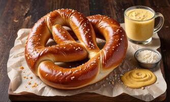 A pretzel with mustard and mustard sauce on a wooden cutting board photo