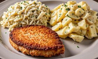 A plate with potatoes and meat on it photo