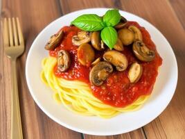Spaghetti with mushrooms and tomato sauce on a white plate photo