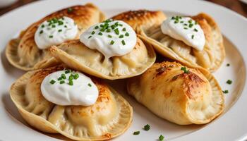 A plate topped with dumplings and sour cream photo