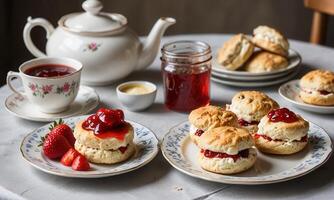 A table with a tea pot, cups, and a plate with scones photo