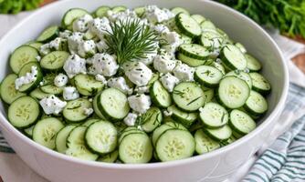 A bowl of cucumber salad with feta cheese photo