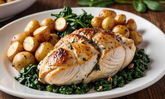 A plate with chicken, potatoes and spinach photo