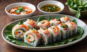 A plate with shrimp rolls and dipping sauce photo
