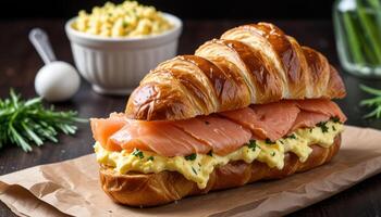 A croissant sandwich with salmon and eggs photo