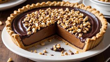 A chocolate pie with peanut butter on top photo