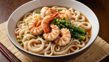 A bowl of noodles with shrimp and vegetables photo