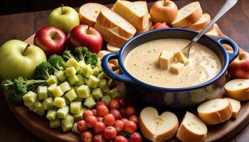 A bowl of cheese dip with apples, grapes and bread photo