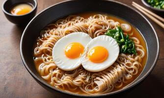 Noodles with eggs and chopsticks photo