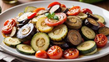 A plate of vegetables with tomatoes, eggplant and zucchini photo