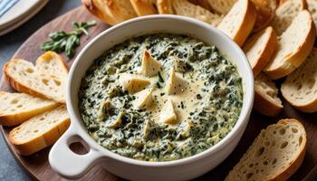 Spinach dip with bread on a wooden board photo