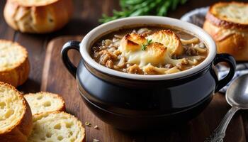 French onion soup with bread photo