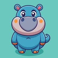 Cute cartoon hippo standing on green grass with a light blue background, showcasing cheerful expression and playful demeanor vector