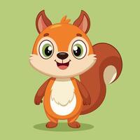 A cheerful cartoon squirrel stands against a light green background, showcasing its vibrant orange fur and playful expression in a whimsical style vector