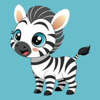 Cute cartoon zebra standing on a blue background with a cheerful expression and playful posture in a whimsical style vector