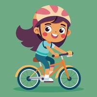 A cheerful girl riding a colorful bicycle with a helmet on a green background in a playful and vibrant setting vector