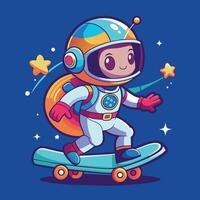 A playful astronaut skating on a skateboard in vibrant colors with a cheerful expression against a teal background vector