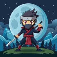 A fierce cartoon ninja stands confidently under a full moon, brandishing a sword and ready for action in a dynamic nighttime setting vector