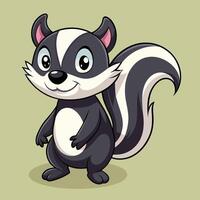 Cute cartoon skunk character standing cheerfully with a friendly expression, showcasing its fluffy striped tail in a playful pose vector