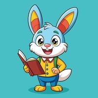 Happy cartoon rabbit character holding a book in a colorful setting during a sunny day in a whimsical, playful environment vector