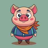 A cheerful cartoon pig character wearing a green vest and red scarf stands confidently against a light teal background, exuding charm and friendliness vector