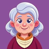Cheerful elderly woman with purple curls smiling against a warm background, showcasing a friendly and inviting character expression vector