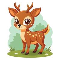 A cute cartoon deer stands among flowers in a vibrant green meadow on a sunny day, showcasing its playful expression and detailed features vector