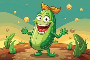 A cheerful cartoon pickle character exploring a vibrant landscape filled with trees and mountains during a sunny day vector