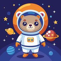 Cute cartoon bear in a spacesuit exploring the stars against a light brown background with bubbles and yellow stars vector