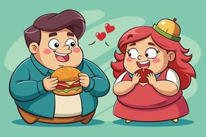 Two cartoon characters enjoying burgers with playful expressions in a cheerful setting, showcasing friendship and fun during a casual moment vector