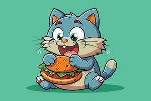 A cute cartoon kitten happily enjoys a large hamburger while sitting on a vibrant blue background, showcasing a joyful moment for a character vector