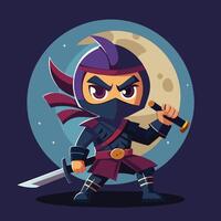 A stealthy ninja character poses confidently on a rocky ledge under a large full moon, showcasing agility and determination during nightfall vector
