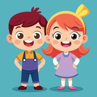 Two animated children smile brightly while standing side by side vector