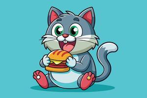 A playful cartoon cat happily enjoys a big hamburger with lettuce and tomato on a bright green background vector