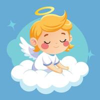 A cute child angel resting on a fluffy cloud with a halo and wings against a bright blue background vector