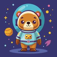 Cute bear dressed as an astronaut exploring outer space in a vibrant and colorful illustration with stars and planets vector