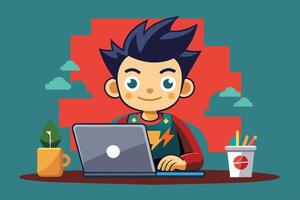 A smiling man working on a laptop at a desk with a coffee cup in a cozy indoor setting during the day vector