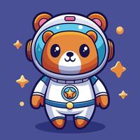 A cute bear in a colorful spacesuit exploring outer space filled with planets and stars, capturing a whimsical adventure in a vibrant universe vector