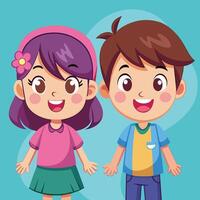 Happy cartoon children smiling and posing together in a bright, cheerful setting during a sunny day at playtime vector