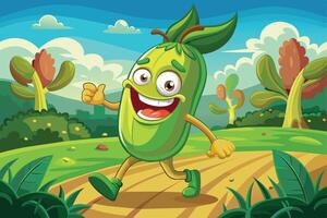 A cheerful cartoon cucumber character joyfully walking along a sunny path surrounded by lush greenery and flowers in a vibrant landscape vector