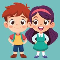 Two cheerful cartoon children standing side by side, smiling, wearing colorful outfits in a light green background setting vector