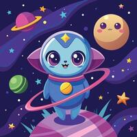 Cute cartoon alien character standing on a colorful planet with stars and planets in the background, surrounded by a vibrant cosmic environment vector