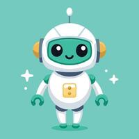 A cheerful cartoon robot stands smiling, showcasing its friendly design with large eyes and a simple body vector