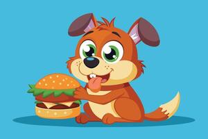 A cheerful cartoon dog eagerly enjoying a large hamburger on a colorful background vector
