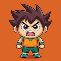 A determined cartoon character with spiky hair and an intense expression stands confidently against a bright red background vector