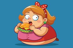 Young girl enjoying a tasty burger and snacks while sitting on a colorful background during a cheerful afternoon vector