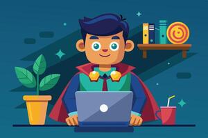 A cheerful child works on a laptop at a colorful desk with plants, enjoying a sunny day surrounded by light blue skies and fluffy clouds vector