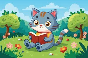 A cute cartoon cat wearing glasses enjoys reading a book in a colorful garden on a sunny day surrounded by flowers and greenery vector